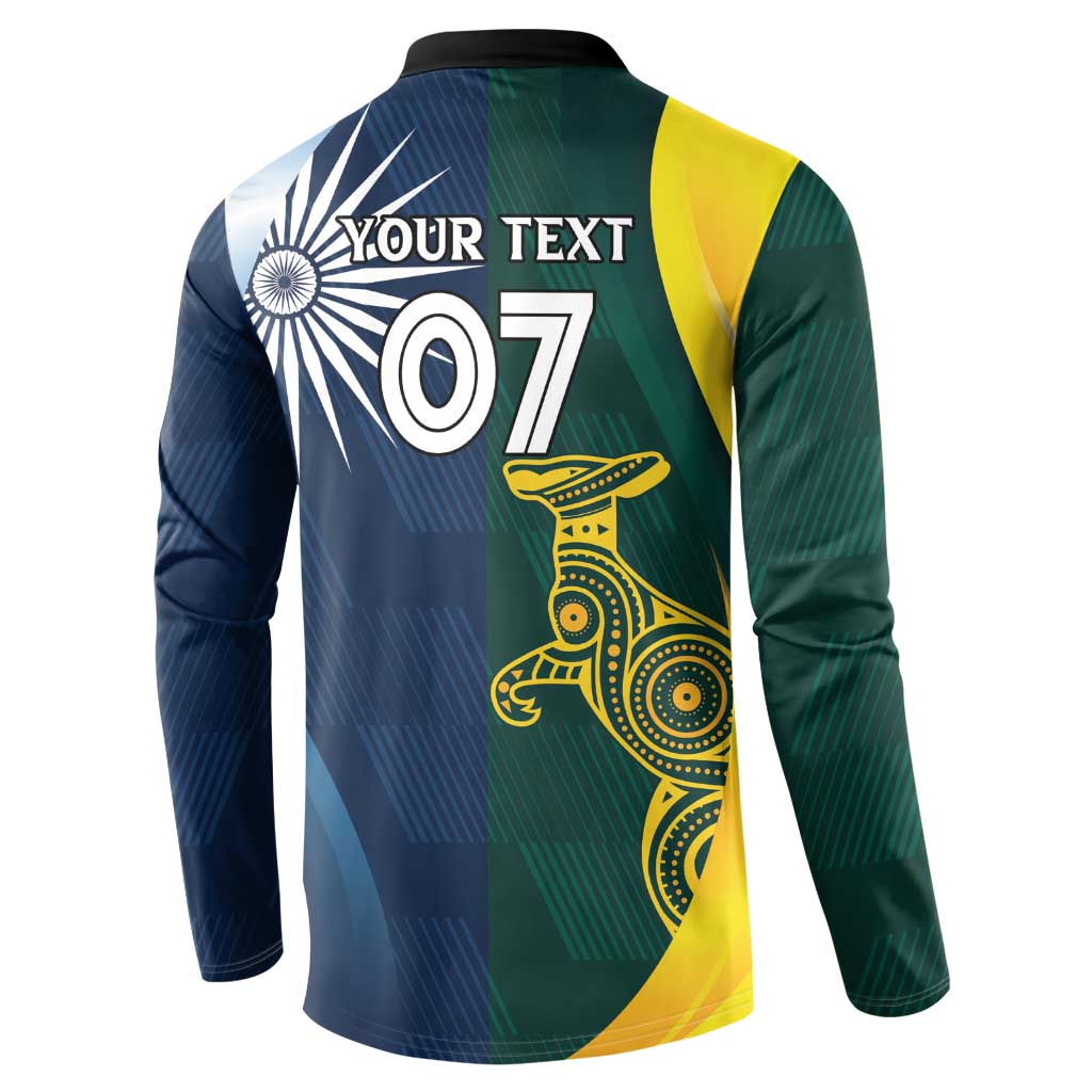 Back view cricket pullover with black collar; blue/green/yellow design with "YOUR TEXT"