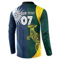 Back view cricket pullover with black collar; blue/green/yellow design with "YOUR TEXT"