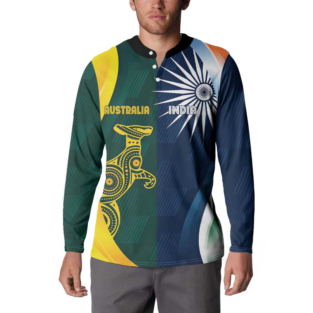 Long-sleeve cricket pullover on model with black collar, buttons, green-blue-yellow front graphics
