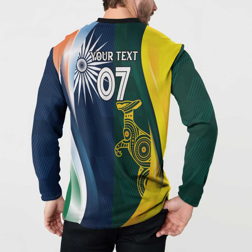 Model wearing back of cricket pullover: "YOUR TEXT" 07 on blue/green/yellow split design