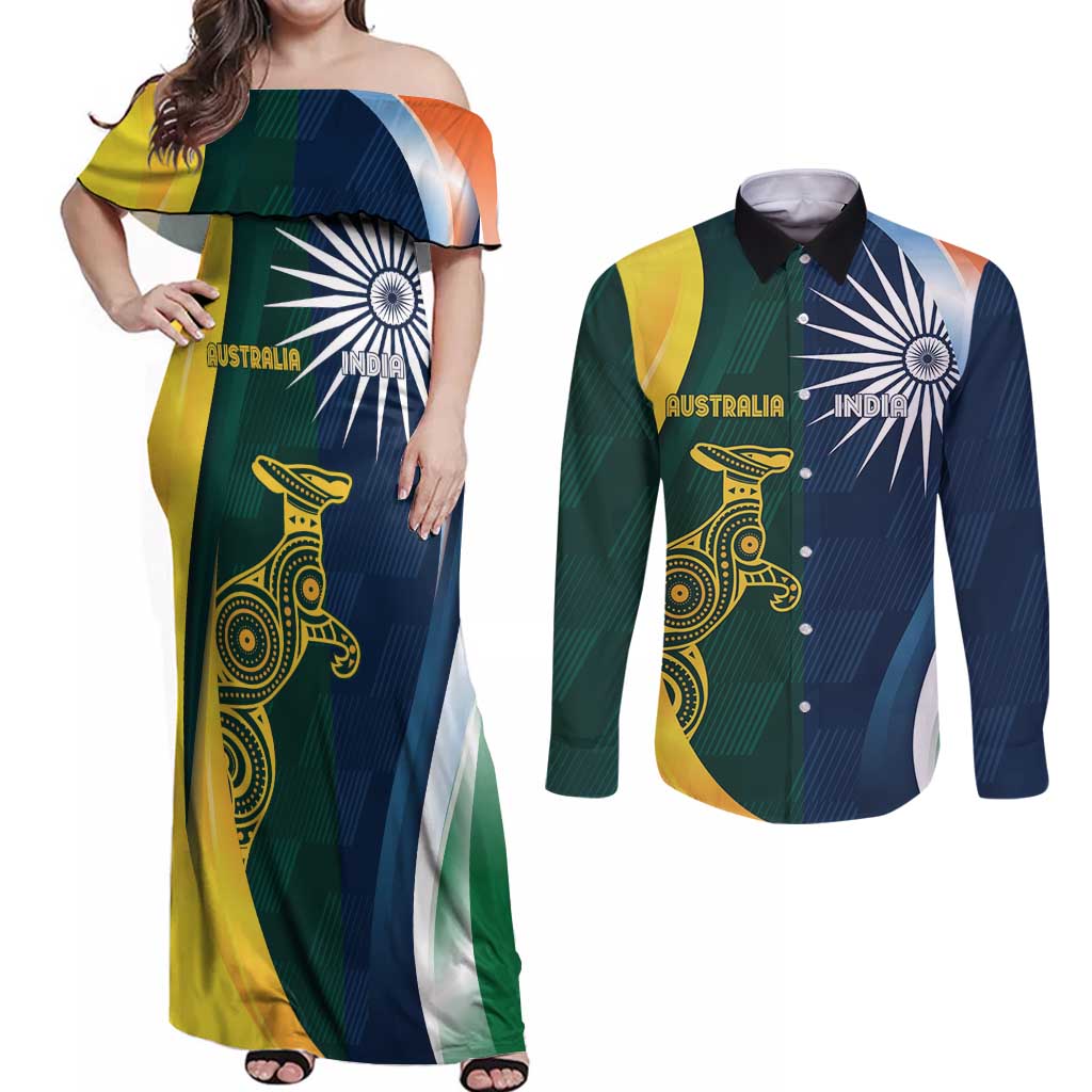 Custom India and Australia Cricket Couples Matching Off Shoulder Maxi Dress and Long Sleeve Button Shirt Special Half-Half Mix LT7 - Wonder Print Shop