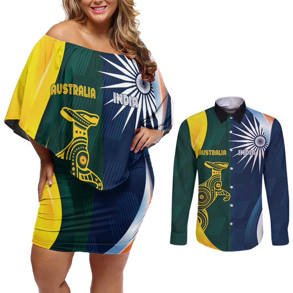 Custom India and Australia Cricket Couples Matching Off Shoulder Short Dress and Long Sleeve Button Shirt Special Half-Half Mix LT7 - Wonder Print Shop