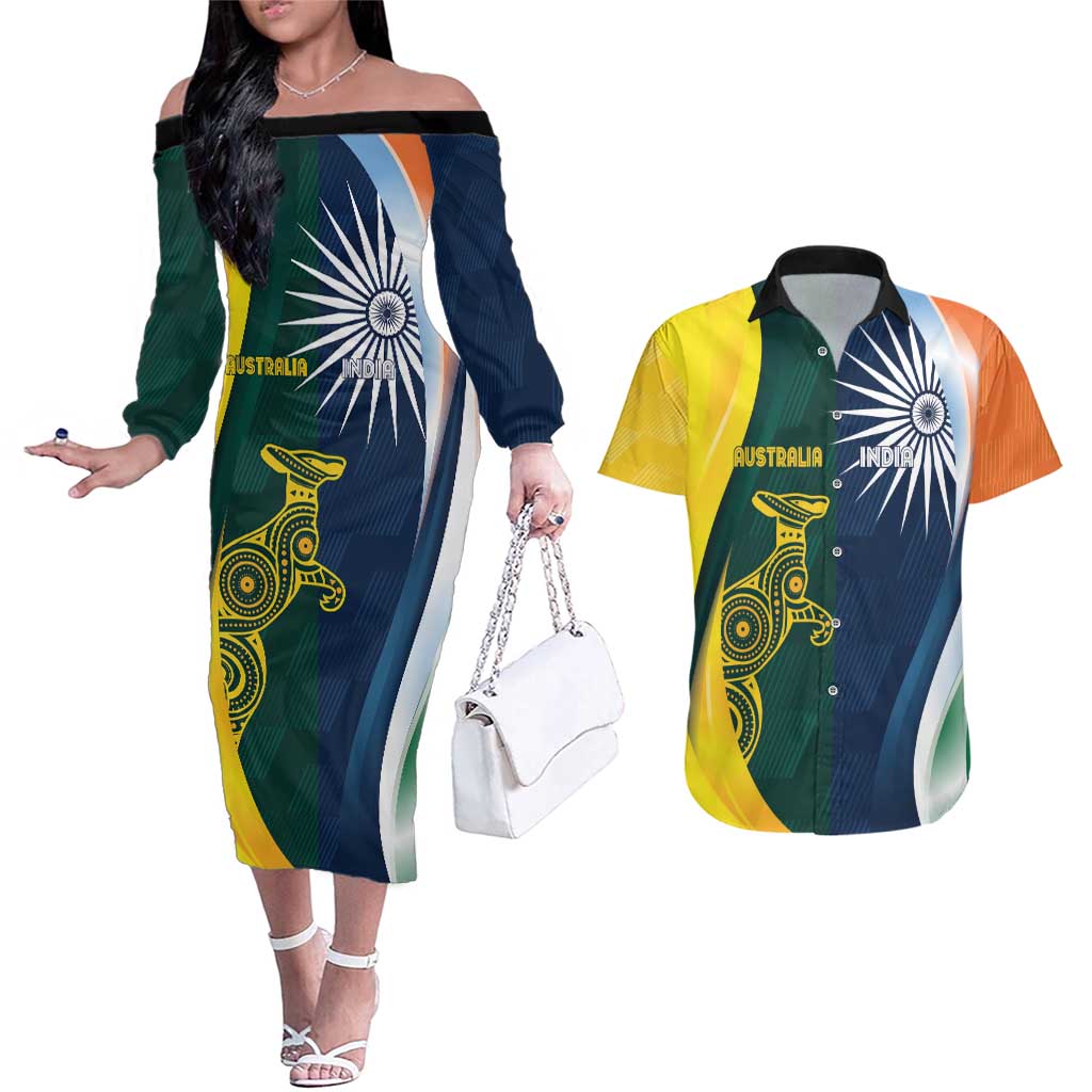 Custom India and Australia Cricket Couples Matching Off The Shoulder Long Sleeve Dress and Hawaiian Shirt Special Half-Half Mix LT7 - Wonder Print Shop