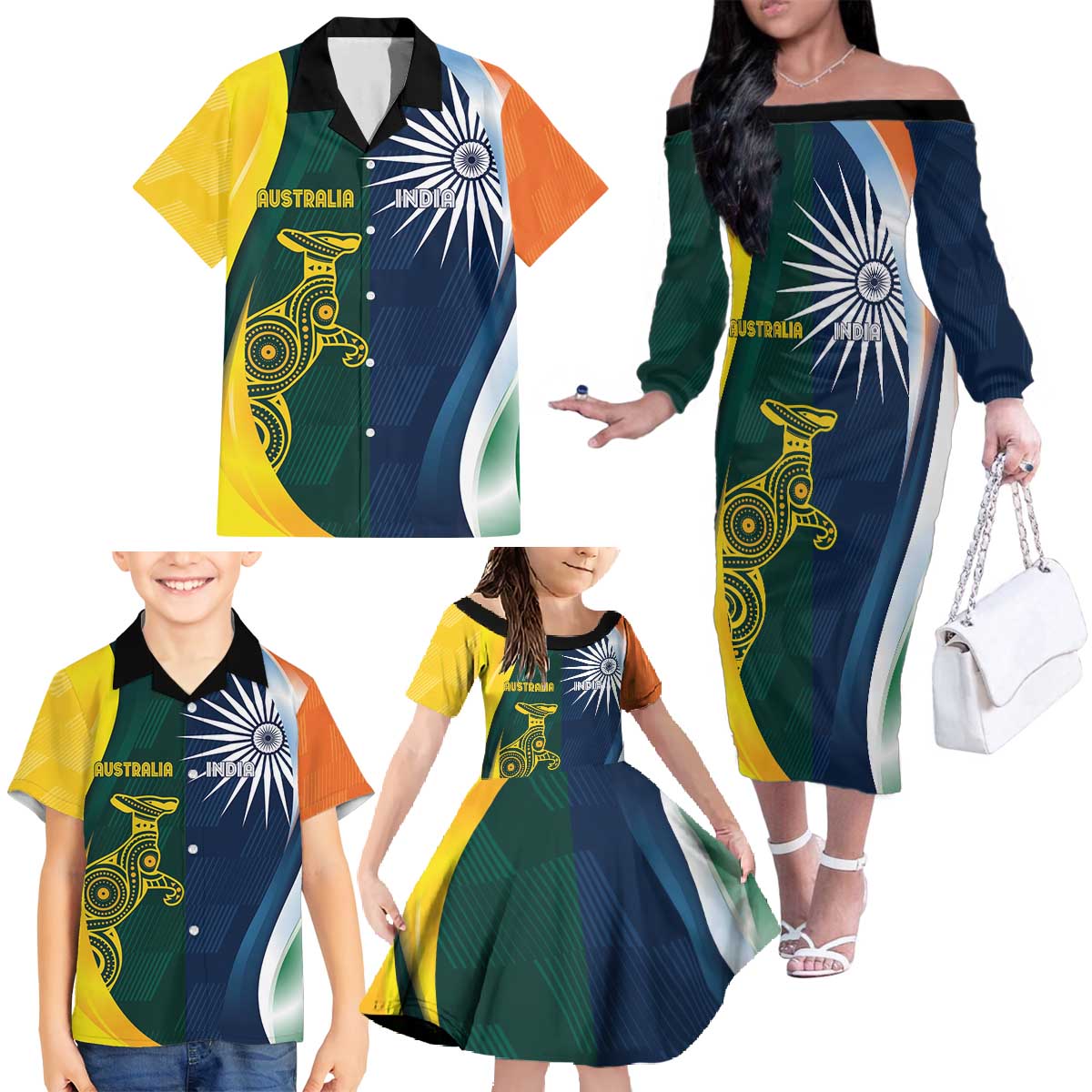 Custom India and Australia Cricket Family Matching Off The Shoulder Long Sleeve Dress and Hawaiian Shirt Special Half-Half Mix - Wonder Print Shop