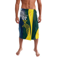 Cricket lavalava with half-and-half green, yellow, and blue panels; elastic waistband.
