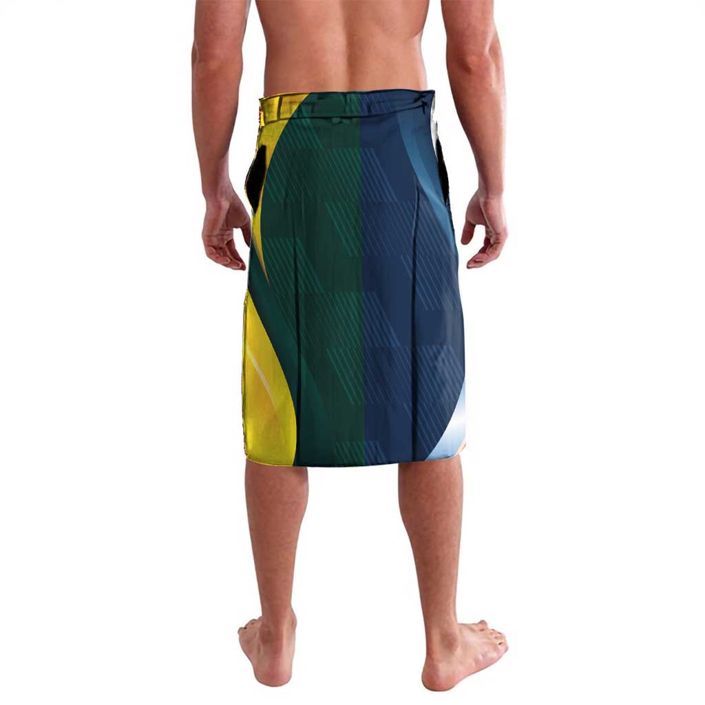 Cricket lavalava with green and blue vertical panels and yellow side section; elastic waistband.