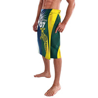 Cricket lavalava with bold vertical green, yellow, and blue paneling; elastic waistband.