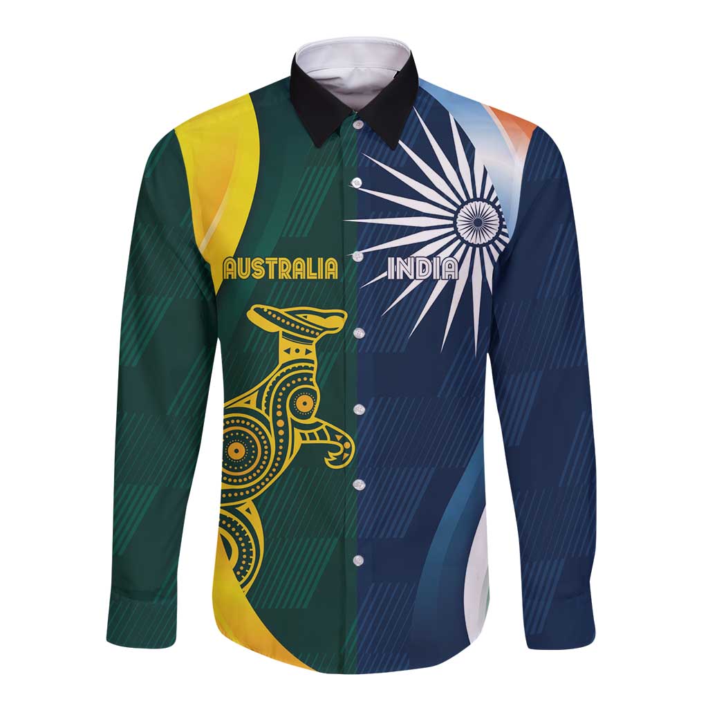 Long-sleeve button shirt with half India/Australia cricket graphics in color