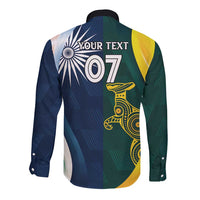 Back view long-sleeve button shirt with navy-green cricket graphic, number 07