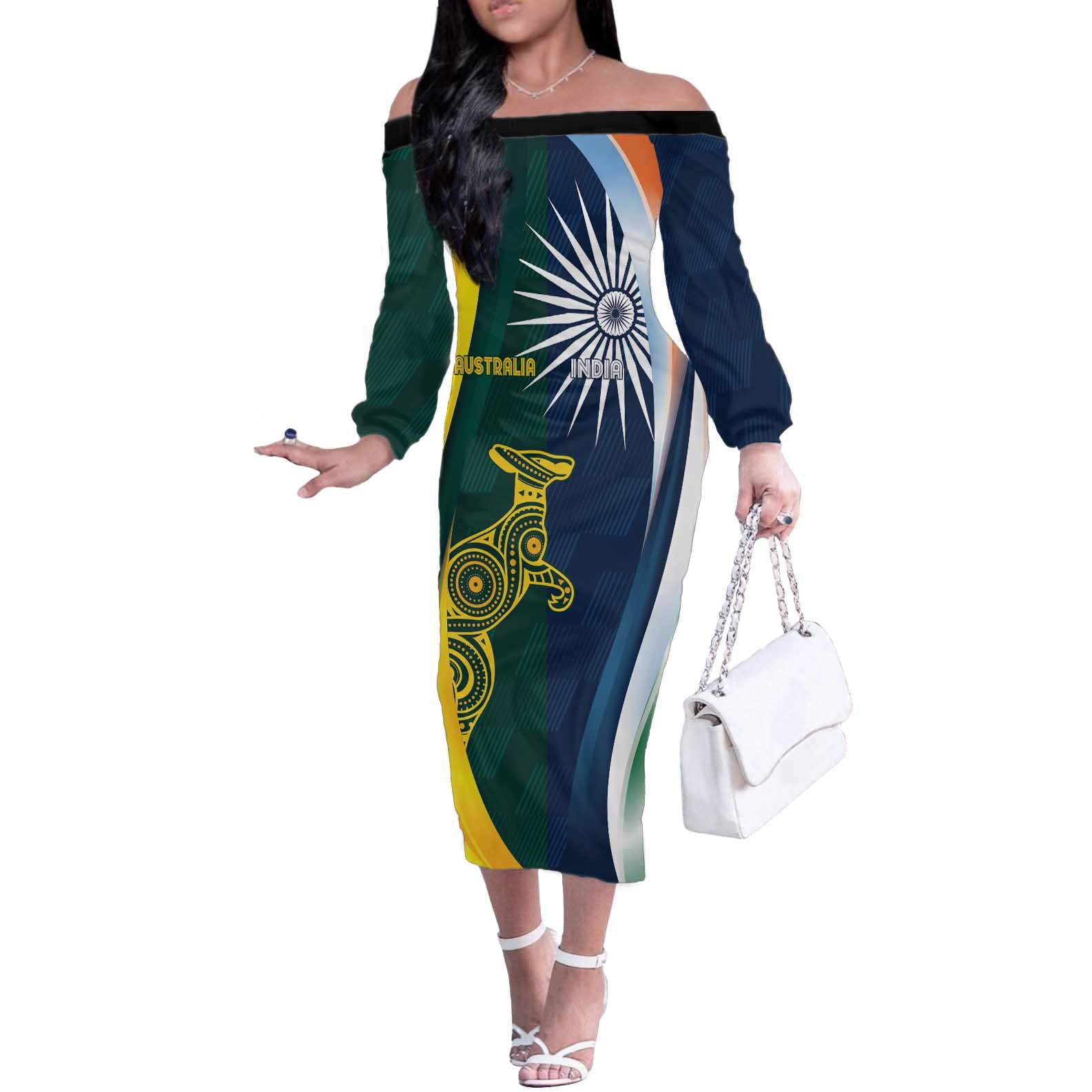 Custom India and Australia Cricket Off The Shoulder Long Sleeve Dress Special Half-Half Mix - Wonder Print Shop