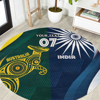 Round cricket-themed area rug with Australia green/yellow left and India blue right, 07 text
