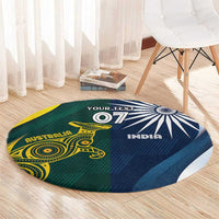 Round cricket-themed rug with Australia yellow kangaroo on green and India blue sunburst