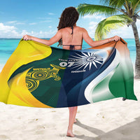 Half-and-half India-Australia cricket sarong in navy, green, and yellow with kangaroo and chakra