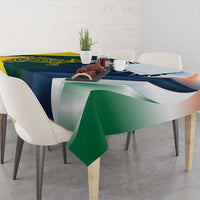 Dining table tablecloth with green, navy, yellow, and white Australia–India flag graphics.