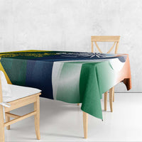 Tablecloth draped over bench and table edge, Australia–India half-half flag pattern.