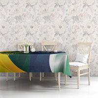 Australia–India half-half cricket tablecloth on dining table, blue green yellow and white.