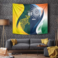 Wall tapestry with half-and-half India and Australia cricket graphics in yellow, blue, green