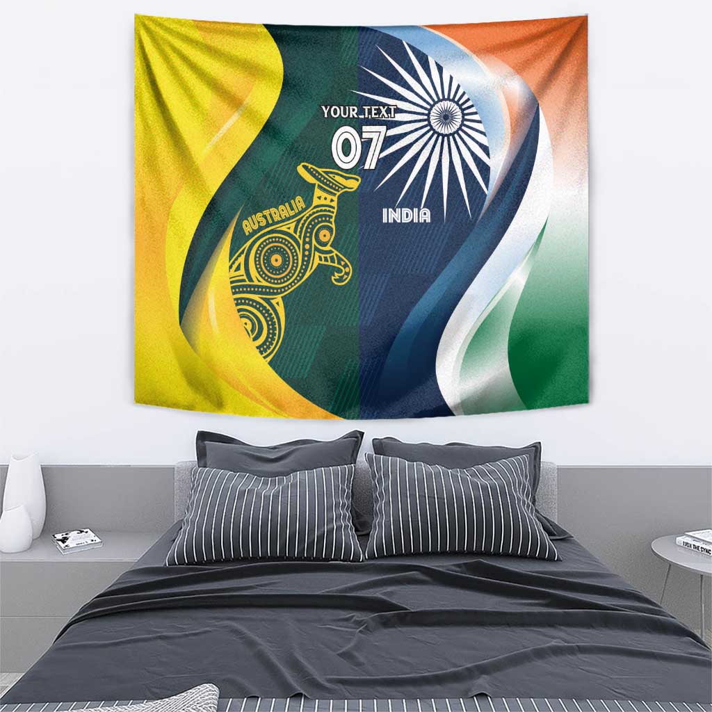 Printed wall tapestry showing India and Australia cricket emblems with yellow, blue, and green