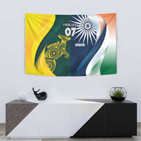 India and Australia themed wall tapestry with cricket motifs and sweeping white wave shapes
