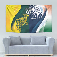 Half-and-half India and Australia cricket wall tapestry with bold yellow, blue, white, and orange
