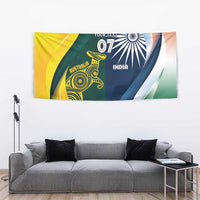 Square wall tapestry featuring India and Australia cricket designs with yellow, navy, and green