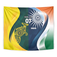 Close-up wall tapestry with India and Australia half-and-half cricket artwork in vivid colors