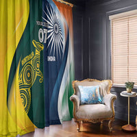 Window curtain panels with Australia-themed yellow-green left side and India blue right side