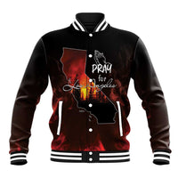 Unisex black baseball jacket with red wildfire print, striped collar and button front.