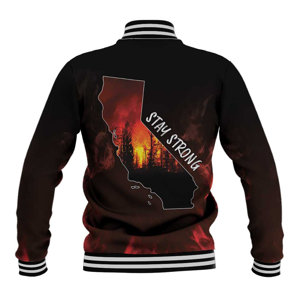 Unisex black baseball jacket, back graphic with California outline, 'Stay Strong' text.