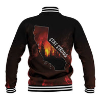 Unisex black baseball jacket, back graphic with California outline, 'Stay Strong' text.