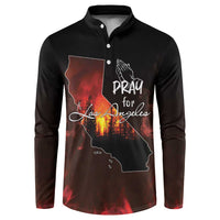 Black button sweatshirt with wildfire map graphic and 'Pray for Los Angeles' text