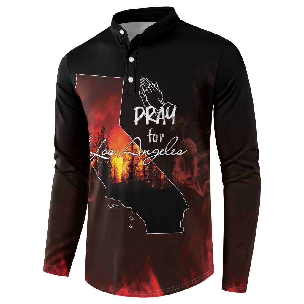 Black button sweatshirt with wildfire map graphic and 'Pray for Los Angeles' on chest