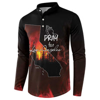 Black button sweatshirt with wildfire map graphic and 'Pray for Los Angeles' on chest