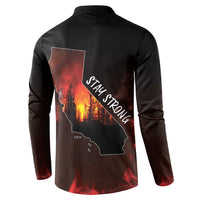 Black long-sleeve button sweatshirt with 'STAY STRONG' wildfire map graphic on back