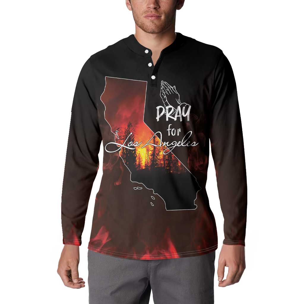 Black button sweatshirt with wildfire map graphic and 'Pray for Los Angeles' front view