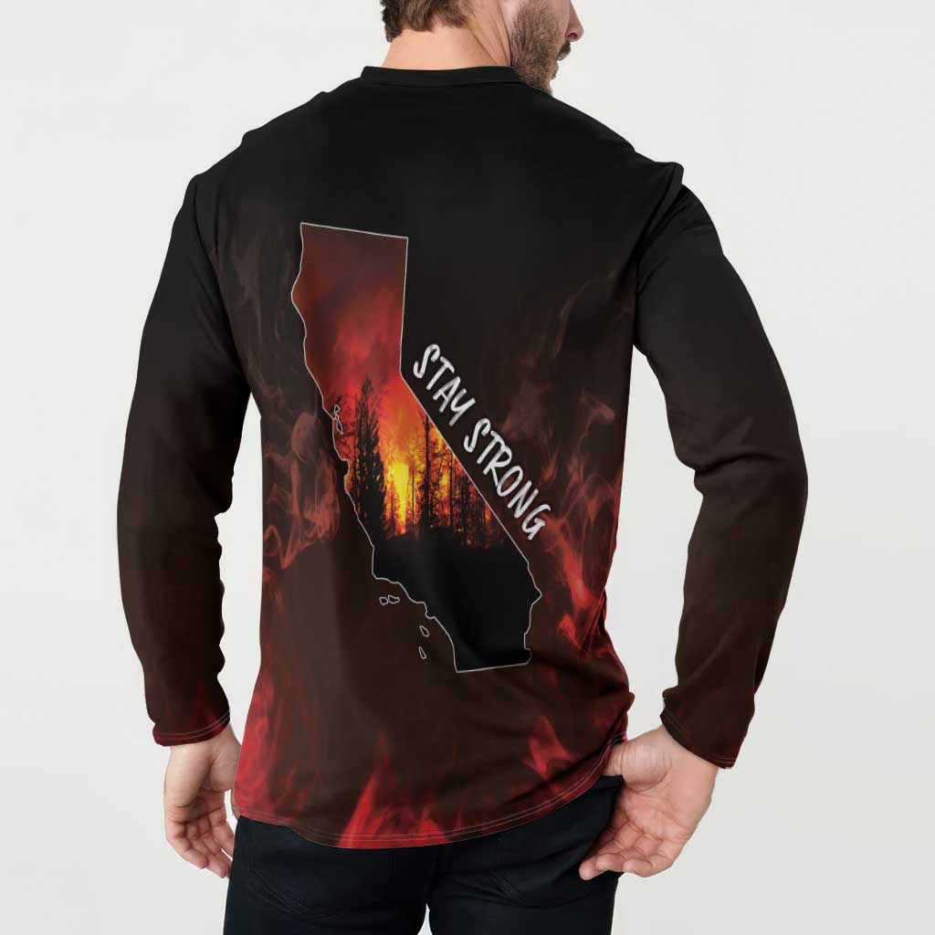 Black button sweatshirt with 'STAY STRONG' wildfire map graphic on back view