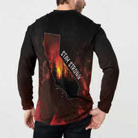 Black button sweatshirt with 'STAY STRONG' wildfire map graphic on back view