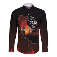 Black long-sleeve button shirt with front LA skyline wildfire graphic