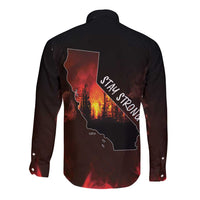 Black long-sleeve button shirt with back wildfire map and Stay Strong text