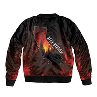 Black satin bomber jacket back with California outline, red flames, and Stay Strong text