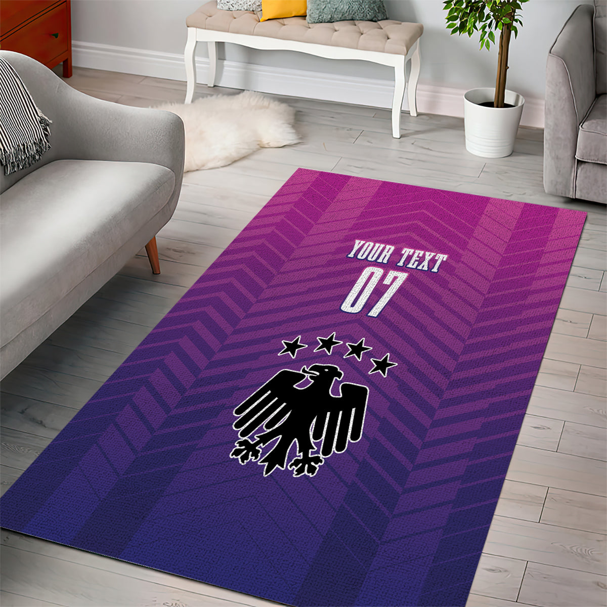 Rectangular magenta and purple patterned area rug with German crest, stars, and 'YOUR TEXT 01'
