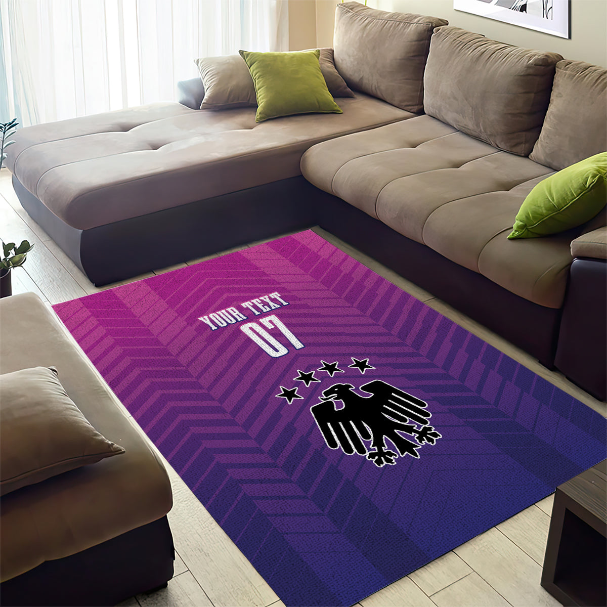 Rectangular magenta and purple patterned area rug with German crest, stars, and 'YOUR TEXT 01'