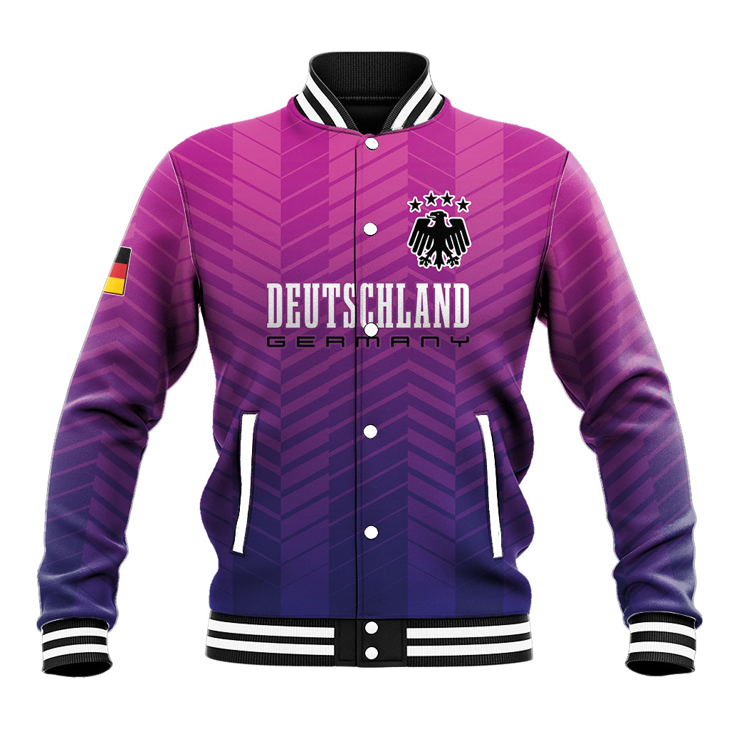 Pink and purple Germany baseball jacket with snap front, ribbed cuffs, and crest logo