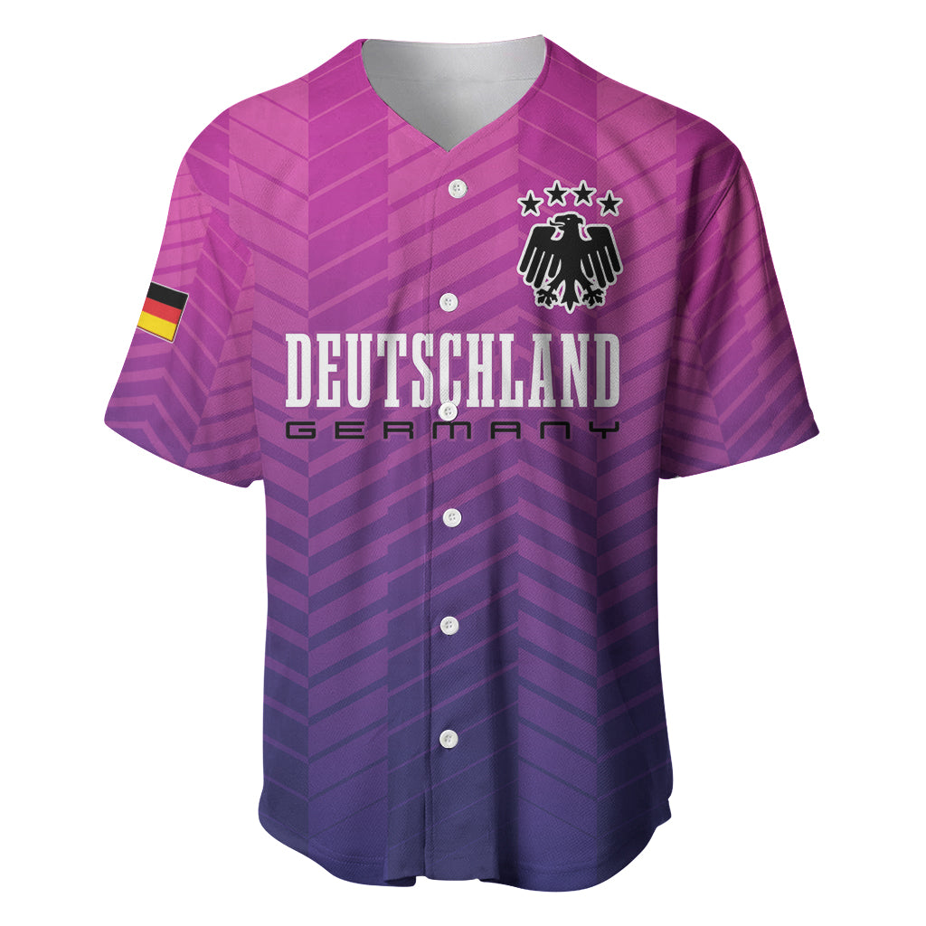 Purple football jersey with V-neck and buttons, Deutschland crest with stars, chevron pattern.
