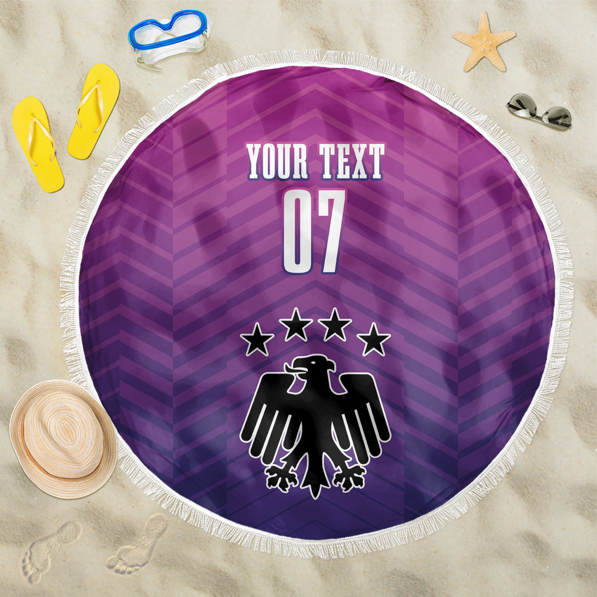 Round purple beach blanket with fringe border, 'YOUR TEXT 07' and eagle emblem