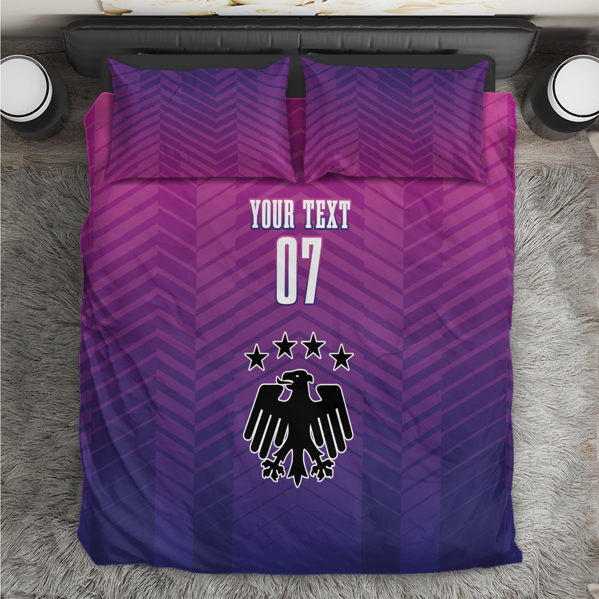 Purple chevron football bedding set with two pillows; “YOUR TEXT” and number 07 crest on duvet