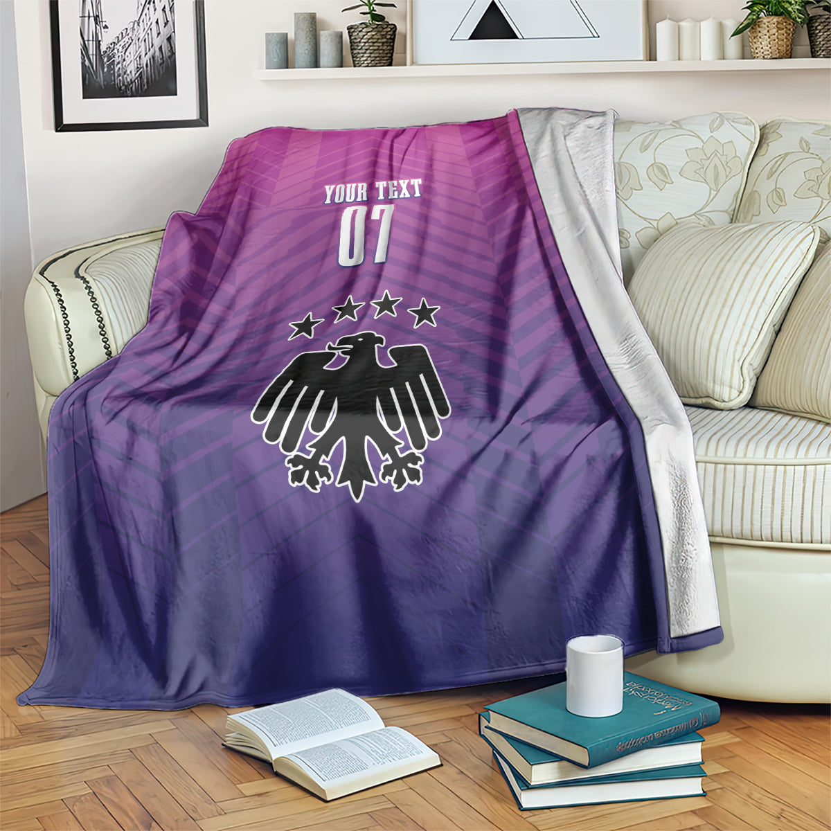 Germany football blanket, purple-to-pink gradient with crest and "YOUR TEXT 07".