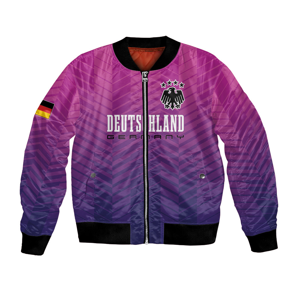 Unisex purple football bomber jacket with full zip, striped cuffs, and team crest