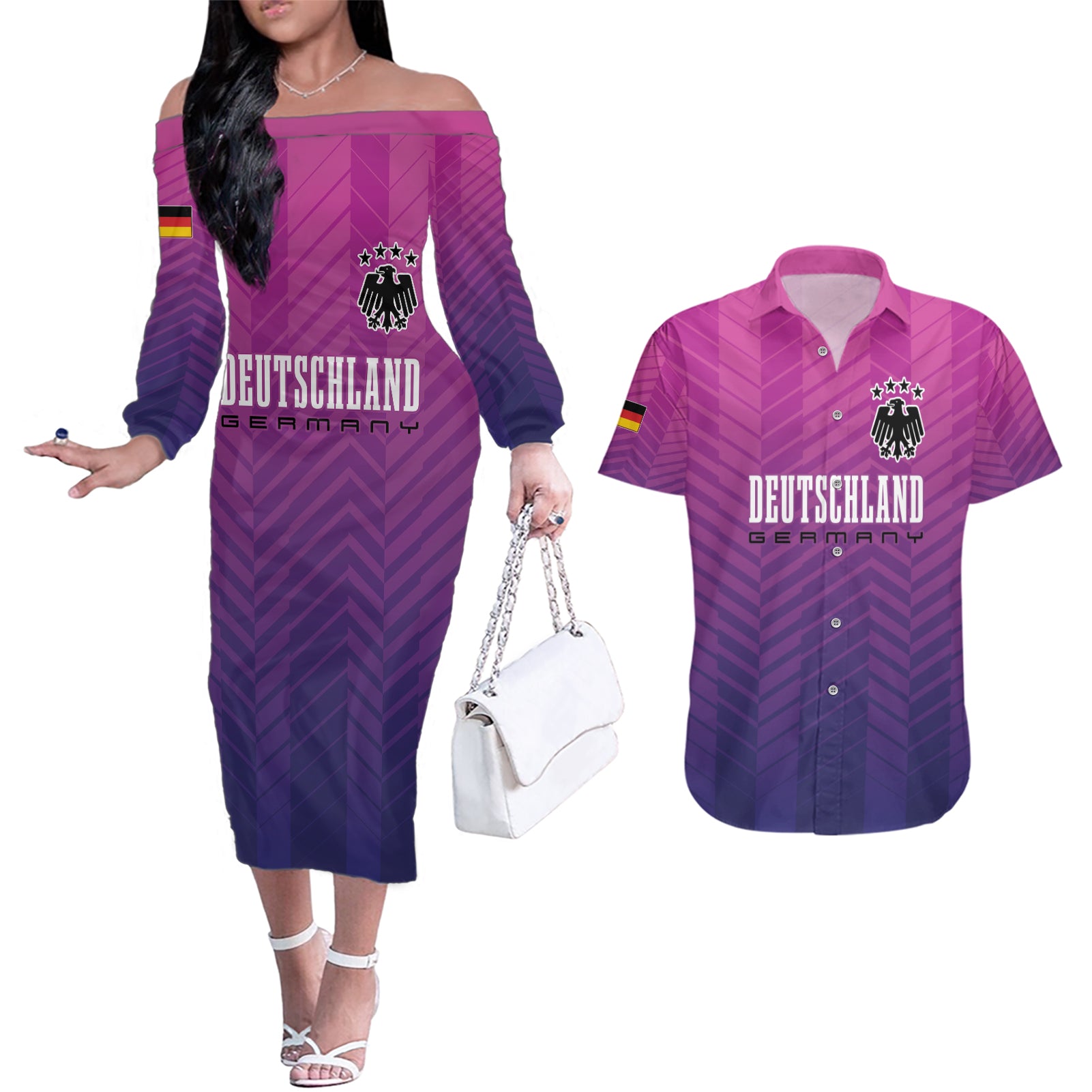 Germany Football Couples Matching Off The Shoulder Long Sleeve Dress and Hawaiian Shirt Nationalelf Pink Revolution LT7 - Wonder Print Shop