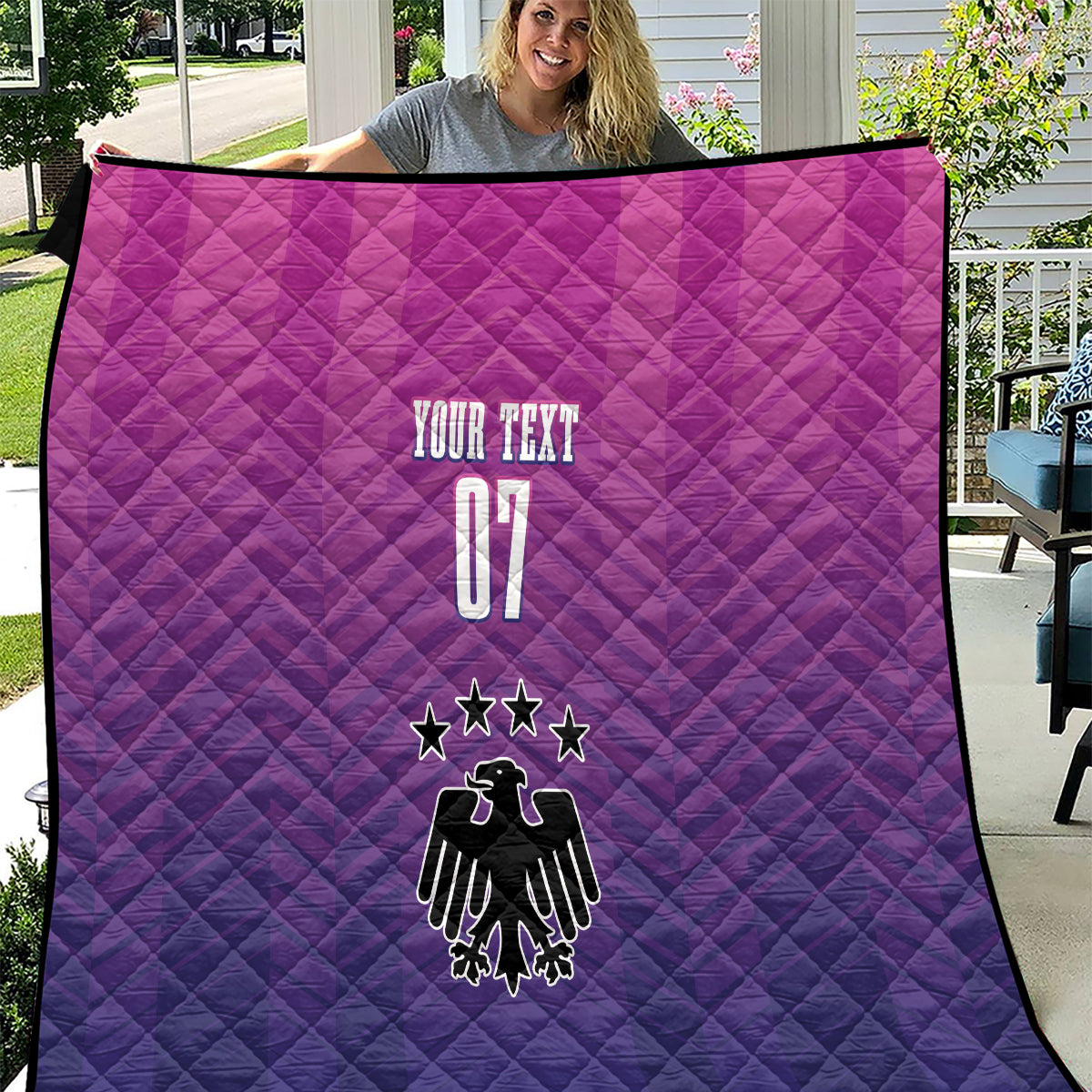 Germany football quilt, quilted pink and purple blanket with YOUR TEXT 07 and eagle emblem